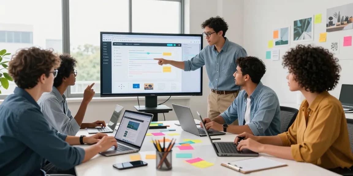 Team collaborating on web design services with mockups in a modern office.
