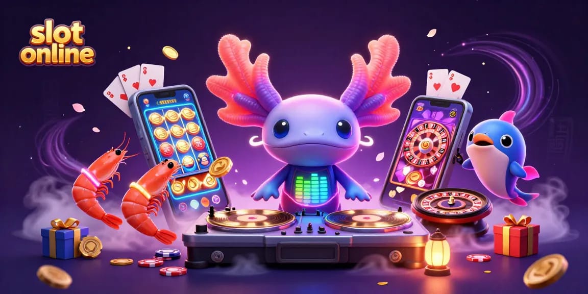 Experience slot online excitement with a vibrant 3D scene featuring a neon axolotl DJ and colorful game elements.