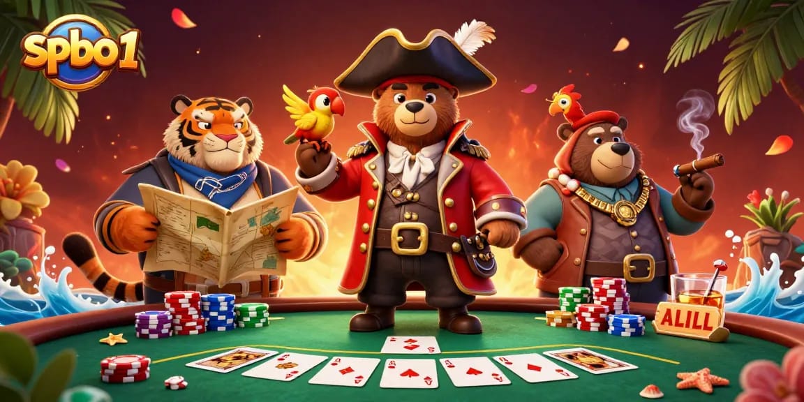 Engage with thrilling poker action at spbo 1, featuring a pirate captain bear and friends with colorful chips and cards.