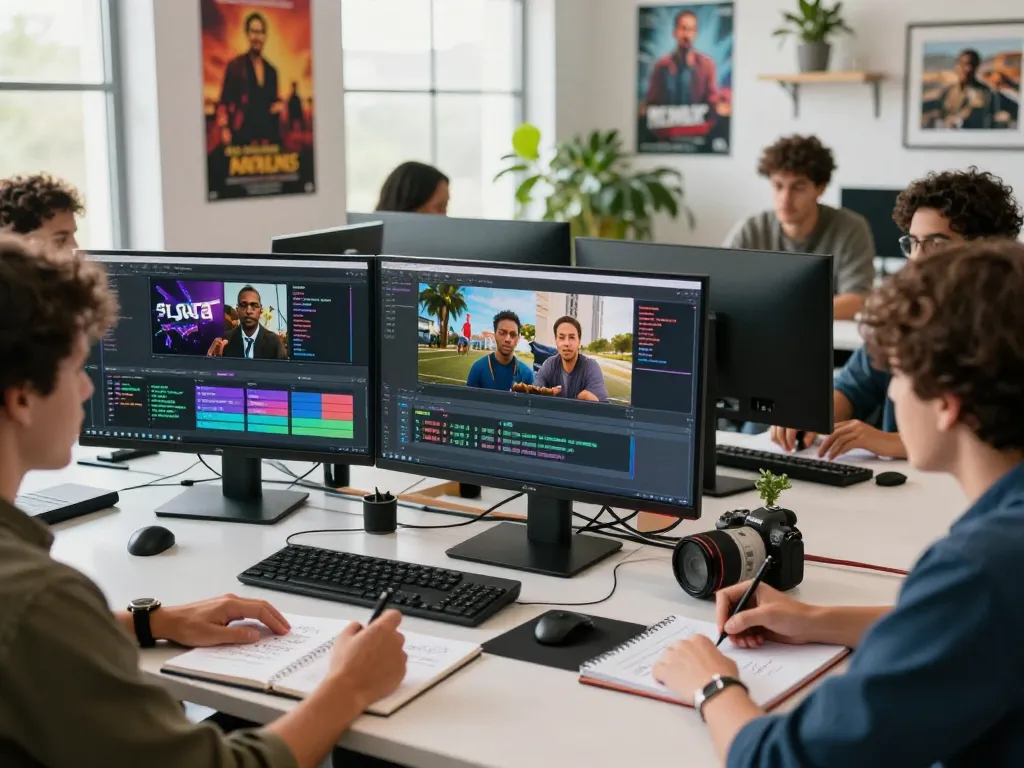 Creative team using video to prompt tool in modern workspace with AI-generated prompts displayed.