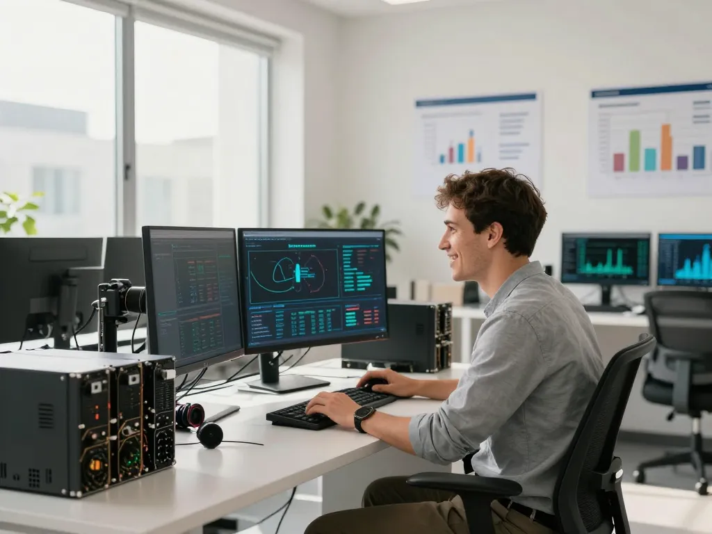Excited miner at workstation showcasing the best cloud mining website, surrounded by dual monitors and crypto charts in a modern office.