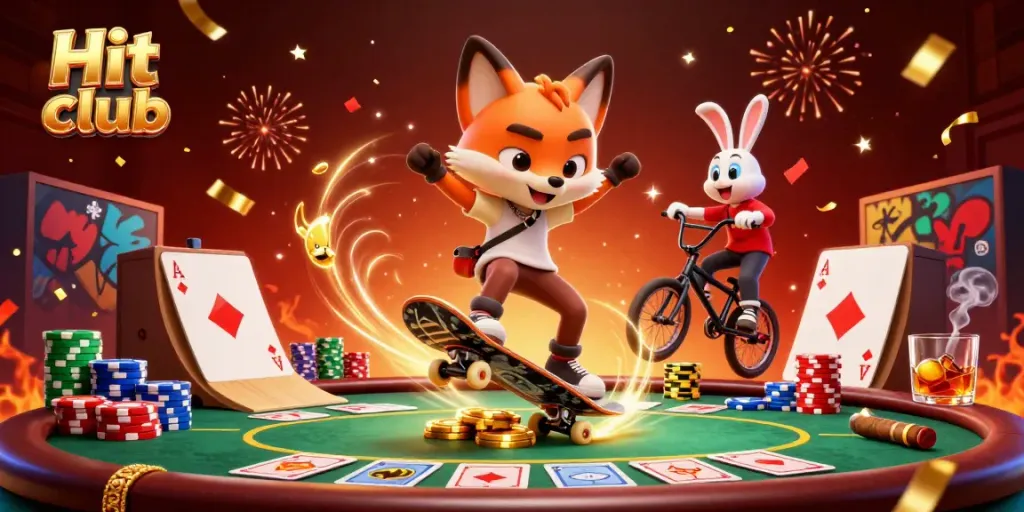 Experience Hit club's gaming excitement with a skateboard fox and BMX rabbit amidst vibrant casino elements.