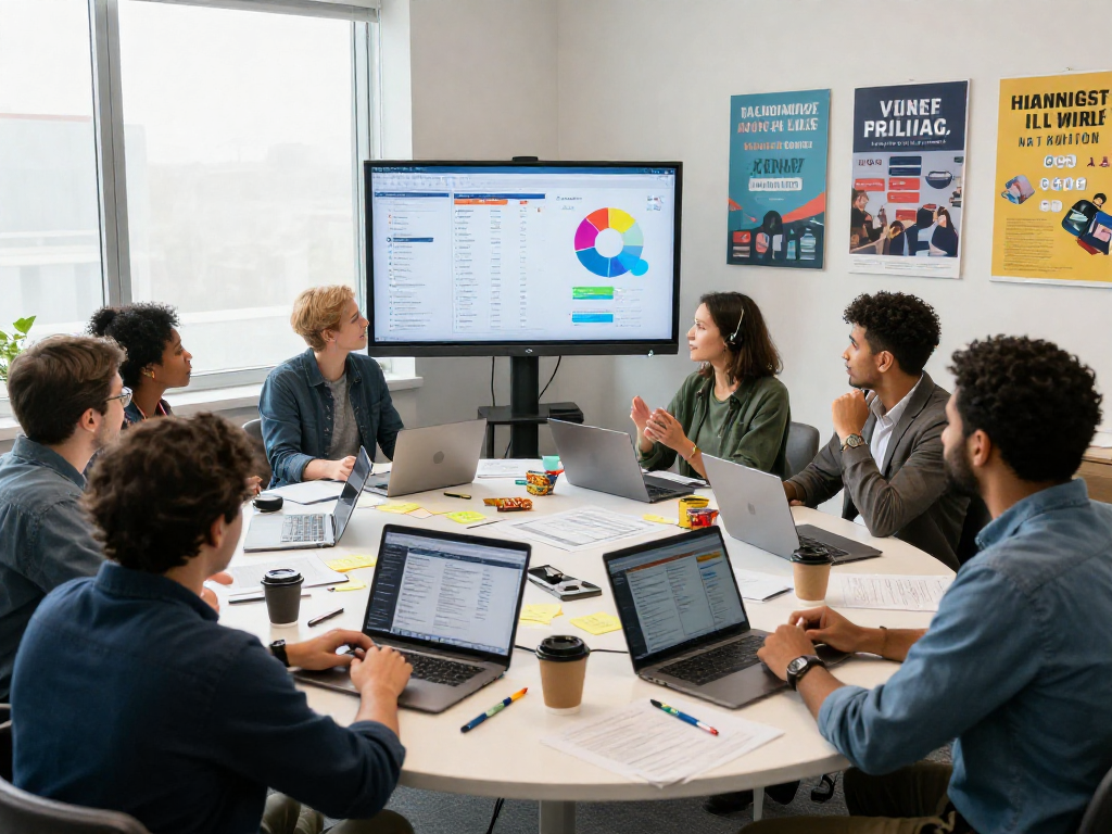 Engaged political campaign team analyzing digital fundraising for campaigns data during strategy meeting in bright, inviting office.