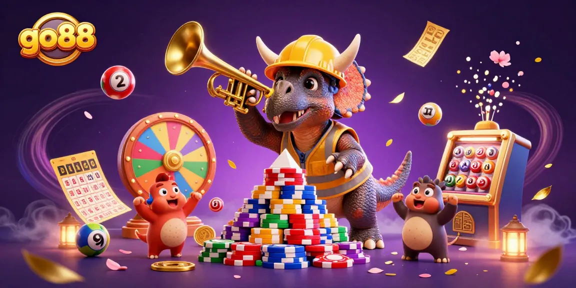 go88 promotes excitement as a triceratops builds a poker chip pyramid while lottery balls bounce around.