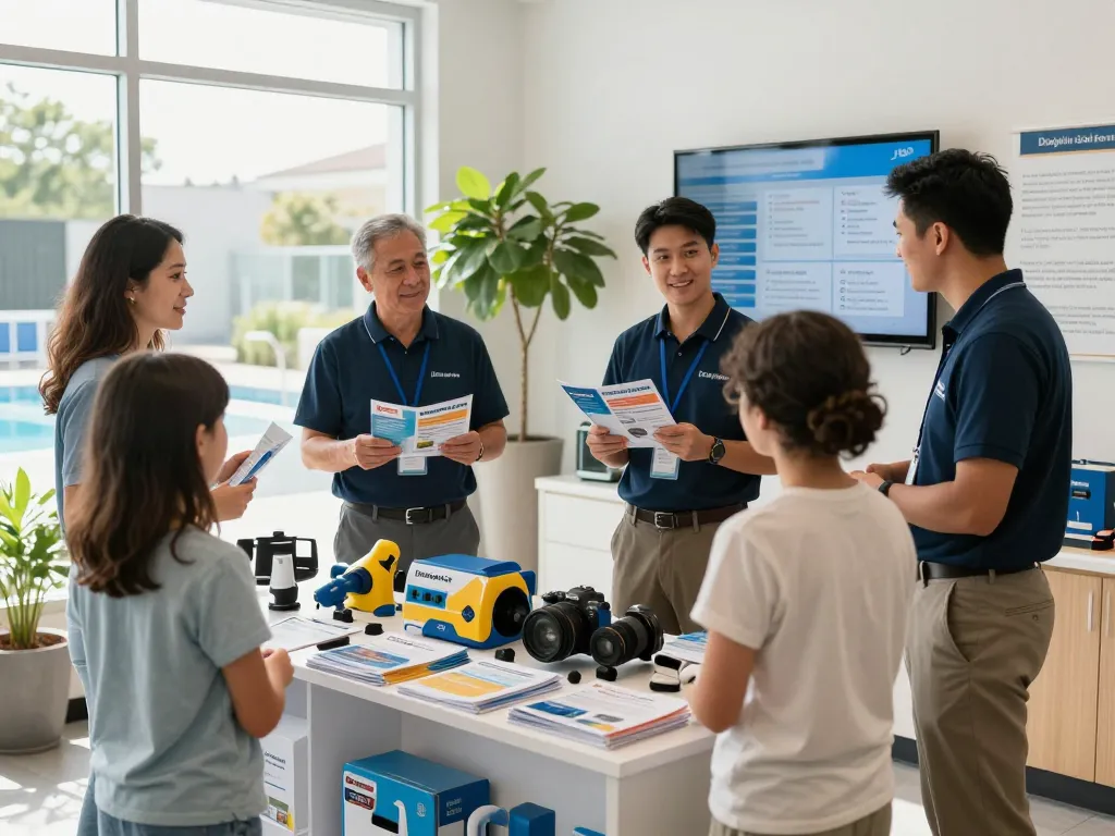 Dolphin Pool Services team assisting clients in a bright showroom for pool maintenance solutions.