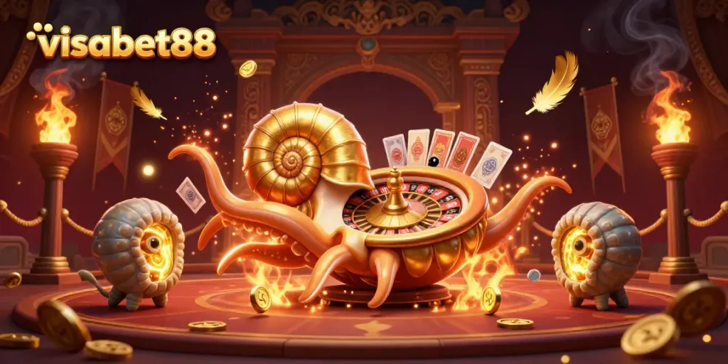 Spin the roulette wheel with visabet88's giant nautilus, tentacles holding cards amidst an exhilarating casino atmosphere.