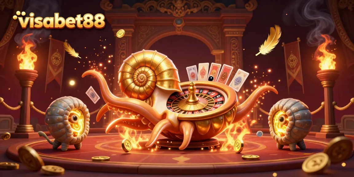 Spin the roulette wheel with visabet88's giant nautilus, tentacles holding cards amidst an exhilarating casino atmosphere.