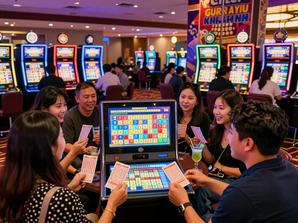 Exciting scene of friends watching HK Malam Ini lottery results live at a casino, vibrant atmosphere, and engaging expressions.