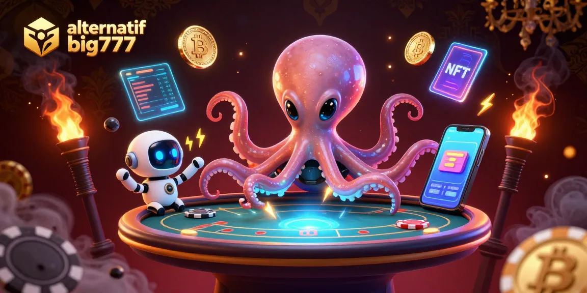 Engage with alternatif big777 in a vibrant cosmic casino scene featuring a playful alien octopus at a holographic poker table.