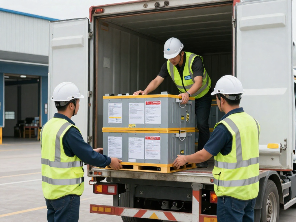 Batterie Transport Dortmund: Fachleute laden Lithium-Batterien sicher in Logistikzentrum.