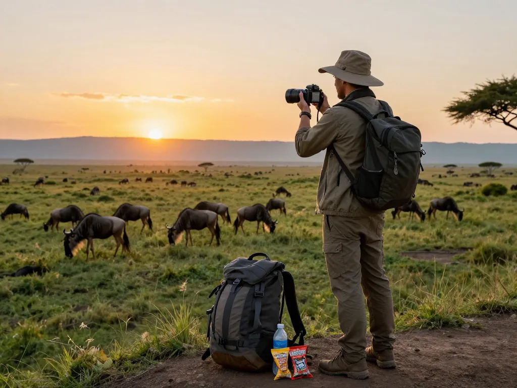 Best Tanzania adventure tours showcasing traveler at scenic viewpoint in Serengeti during golden hour with wildlife.