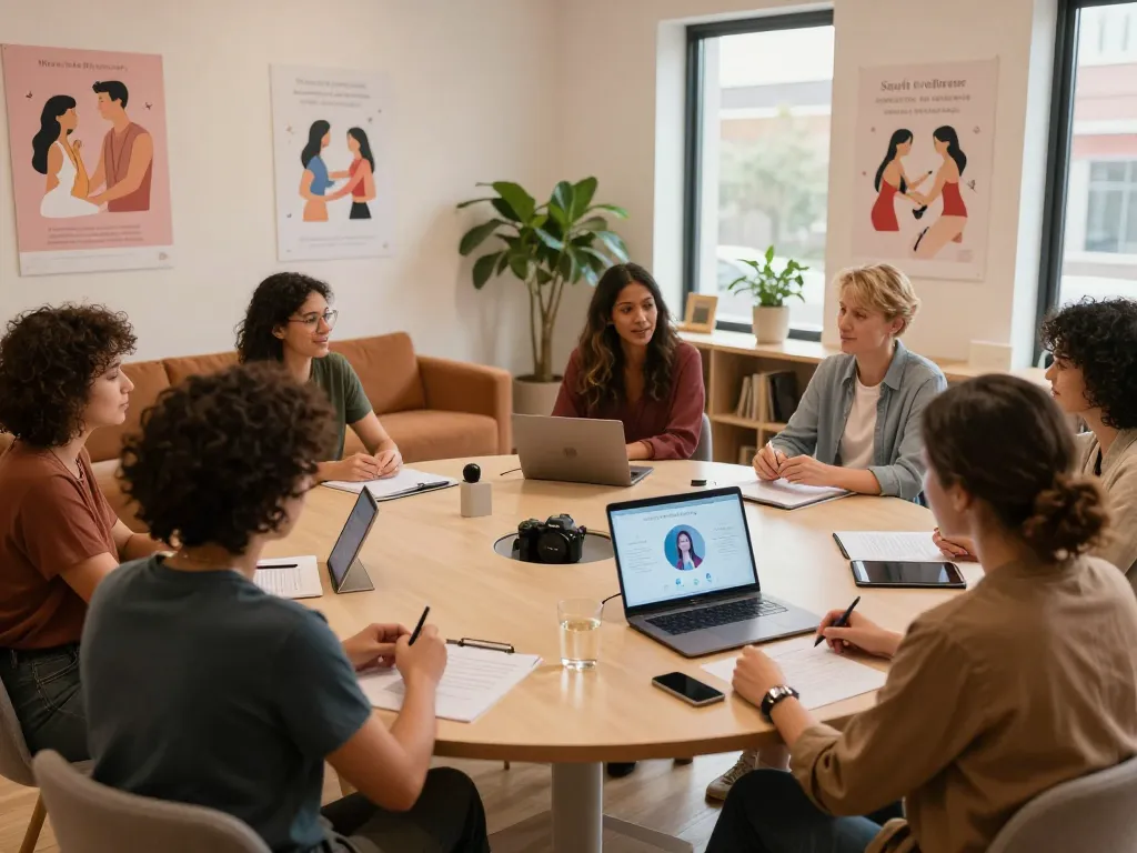 Workshop on AI sex technologies engaging diverse adults in a modern setting.