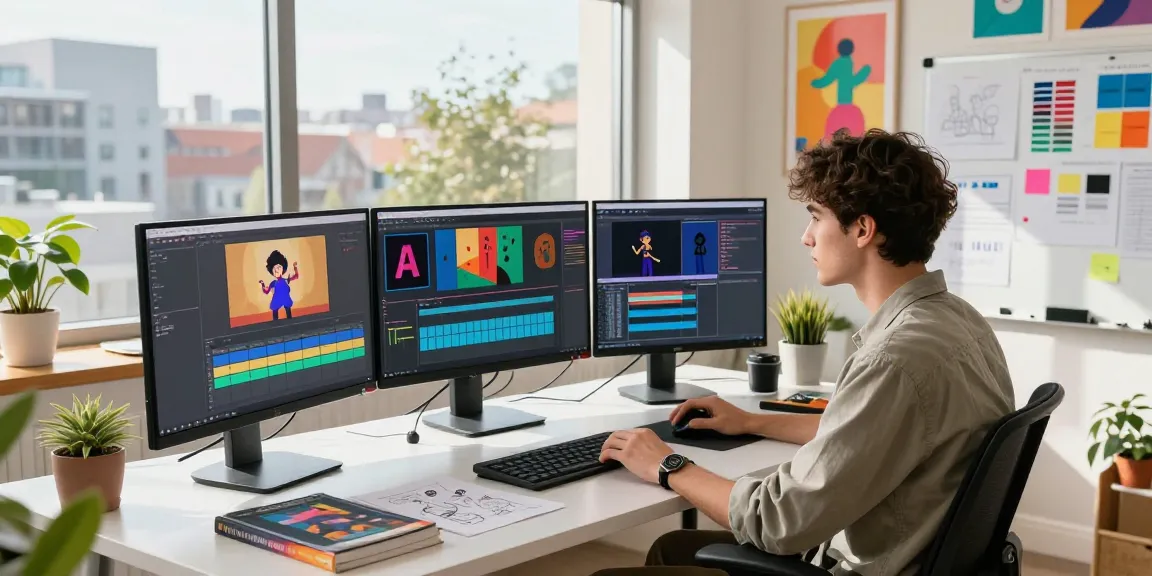 Dynamic workspace of a motion designer engaged in a Motion design and VFX masterclass with high-resolution monitors displaying vibrant graphics.