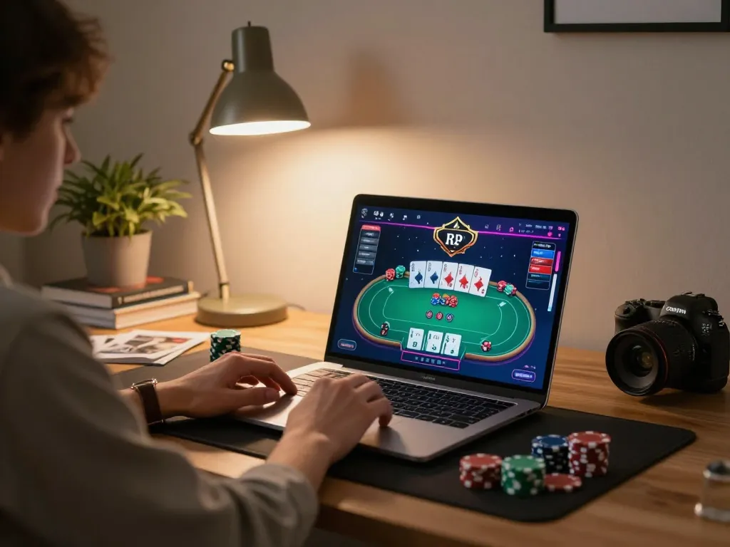 iWin player enjoying a poker game on laptop in a cozy home setup, showcasing casual gaming atmosphere.