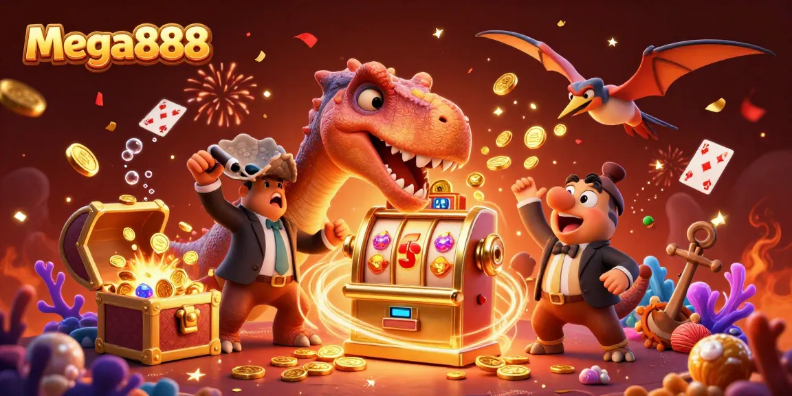 Mega888 menampilkan mesin slot emas yang memberikan jackpot dengan dinosaur 3D dan pengurus kasino yang cemas.