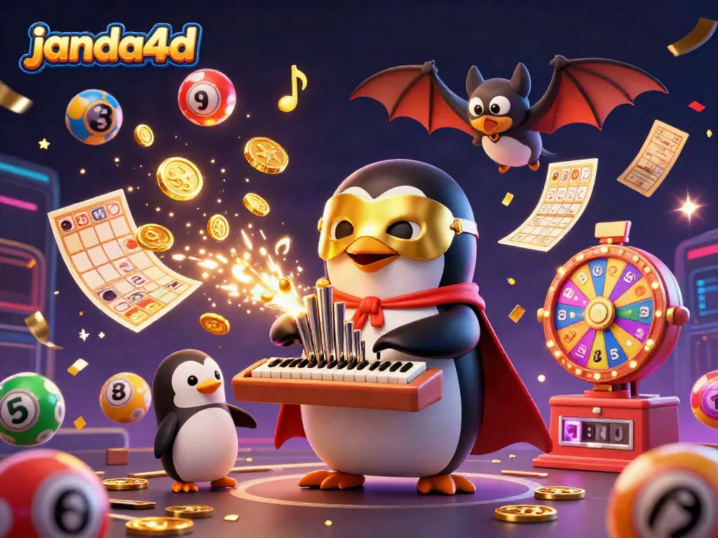 Permainan keberuntungan dengan janda4d, menampilkan penguin opera dan elemen lotere berwarna-warni.