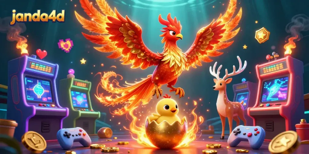 Grafik kasino 3D menampilkan janda4d dengan phoenix api terbang dan elemen permainan yang menarik.