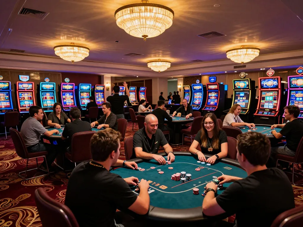 Players enjoying a mini-game at an exciting casino, vibrant atmosphere and festive lighting enhance the gaming experience.