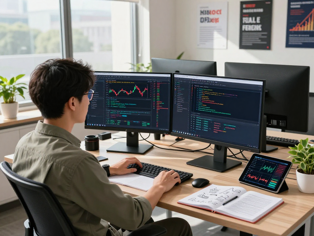 Dynamic office scene showcasing a developer working on a multi-ticker HK stock batch API with real-time data and analytics.