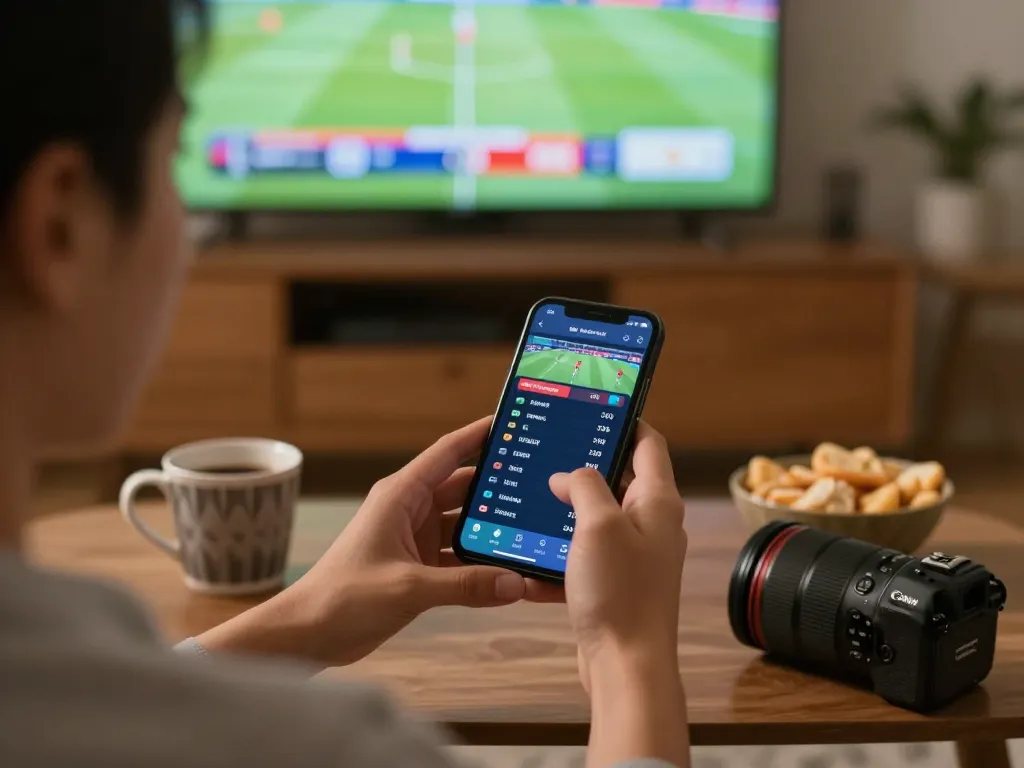 Person engaging in sports betting using vk88 mobile app, live odds displayed on phone
