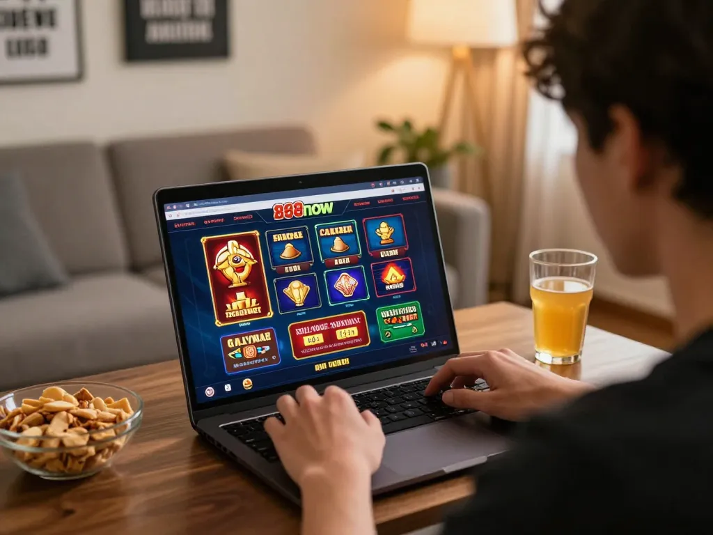 Player engaging with online 888now casino, showcasing an immersive home gaming experience.
