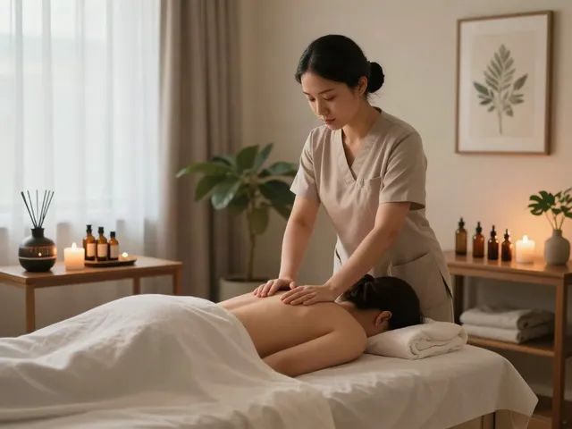 Professional 성남출장마사지 session in a serene home setting with aromatic details.