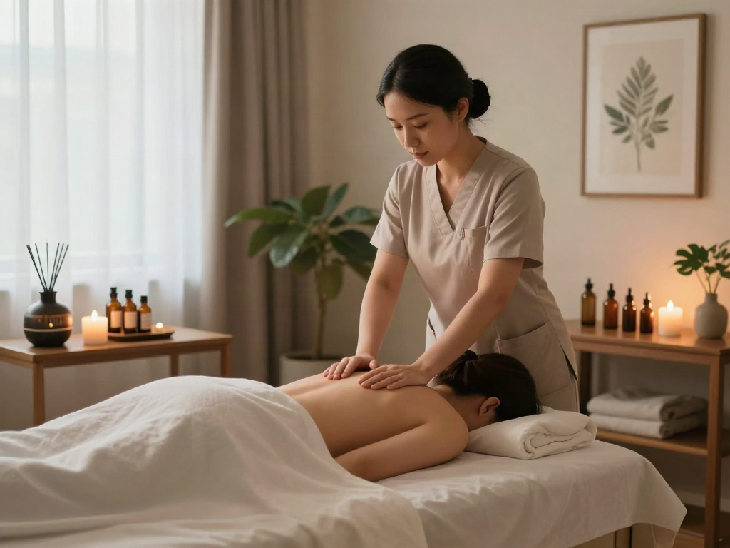 Professional 성남출장마사지 session in a serene home setting with aromatic details.