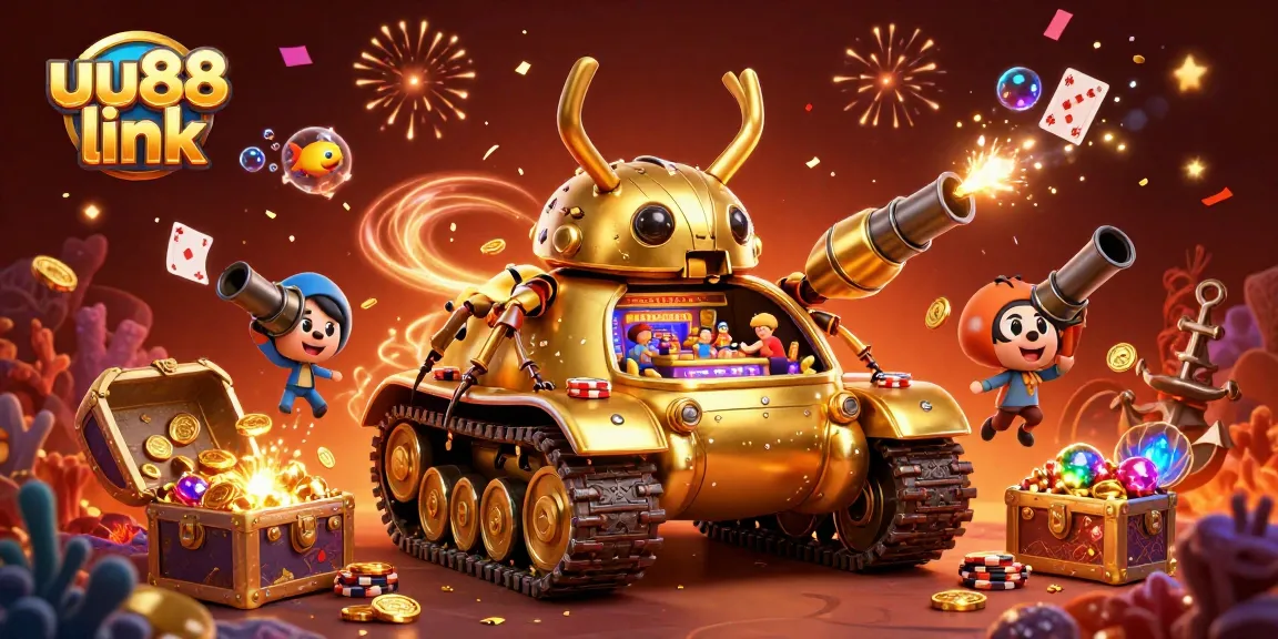 Engage in the vibrancy of gambling at uu88 link with a golden beetle casino tank surrounded by treasures.