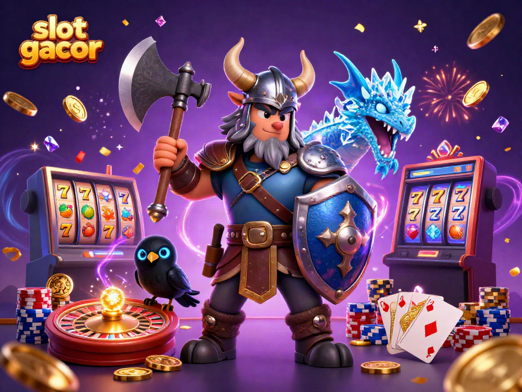 Bermain slot gacor dengan seru, dikelilingi koin emas dan slot reels berputar.