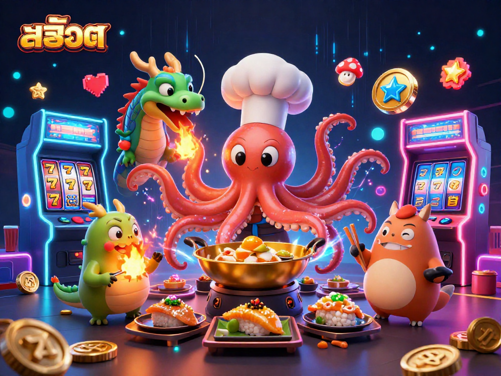 Bet big with สล็อต in this dynamic casino illustration featuring an octopus chef, dragon, and tanuki.