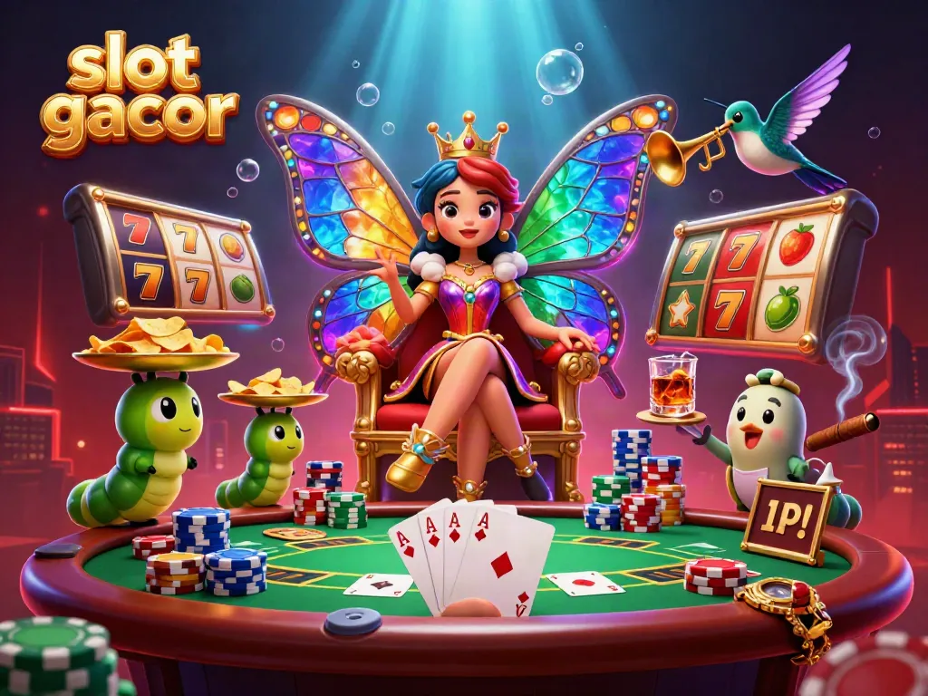 Experience the excitement of slot gacor with a vibrant casino scene featuring butterfly queen, golden chips, and slot reels.
