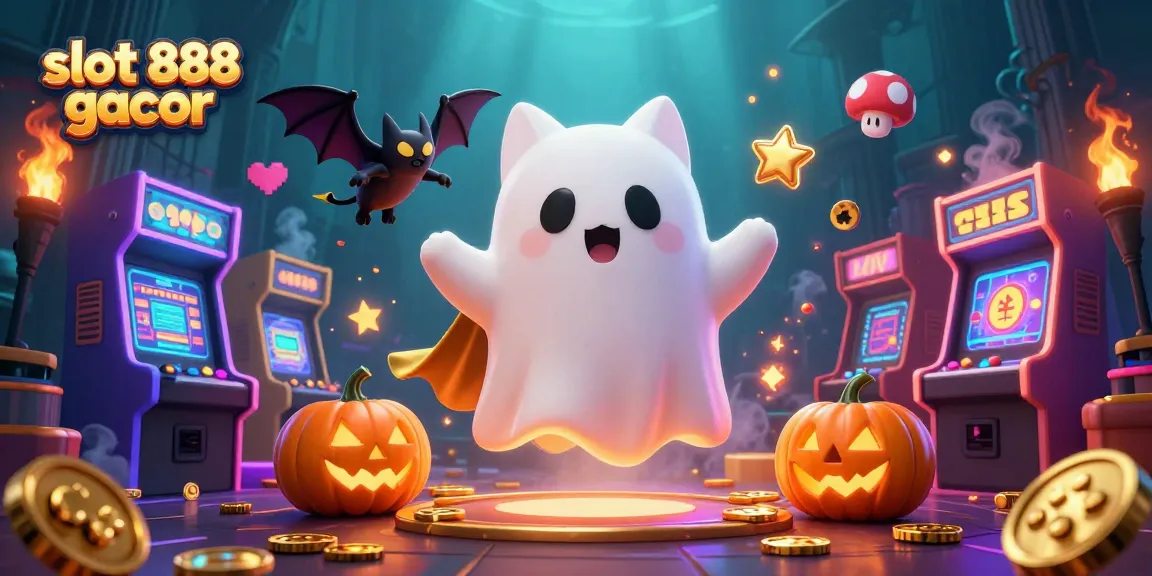 Engage in thrilling gameplay at slot 888 gacor with an interactive casino scene featuring a ghost cat and vampire bat.