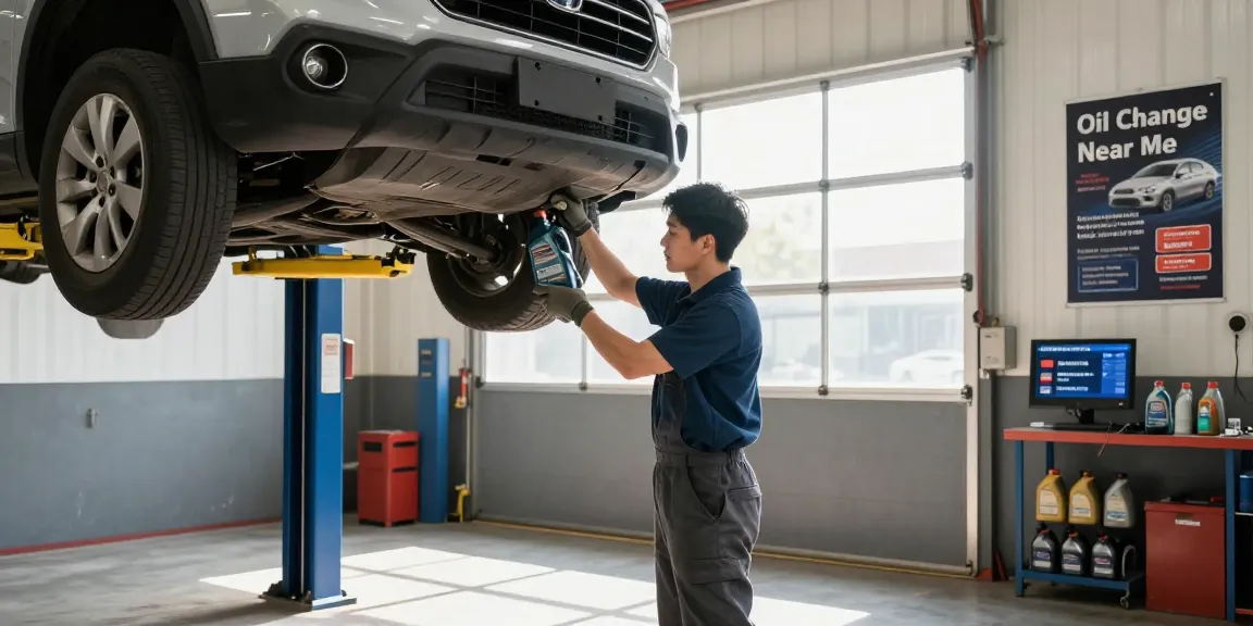Experienced mechanic performing an oil change near me in a bright automotive garage.