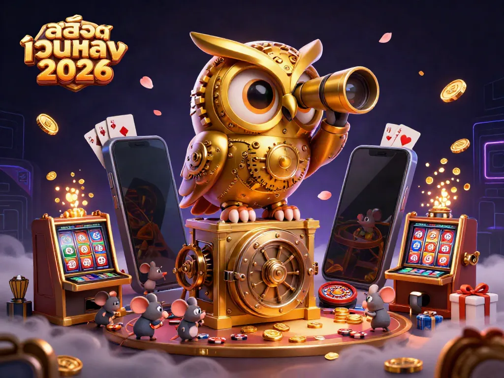 Engage with the vibrant world of สล็อตเว็บตรง 2026 featuring a whimsical clockwork owl scanning the casino while players celebrate their wins.