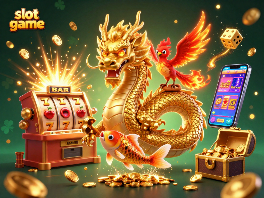 Engage with dynamic slot game adventure featuring a dragon, phoenix, and koi fish.