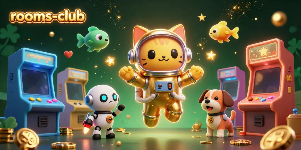 Rasakan keseruan game di rooms-club dengan ilustrasi kucing astronaut dan anjing robot yang mengapung.