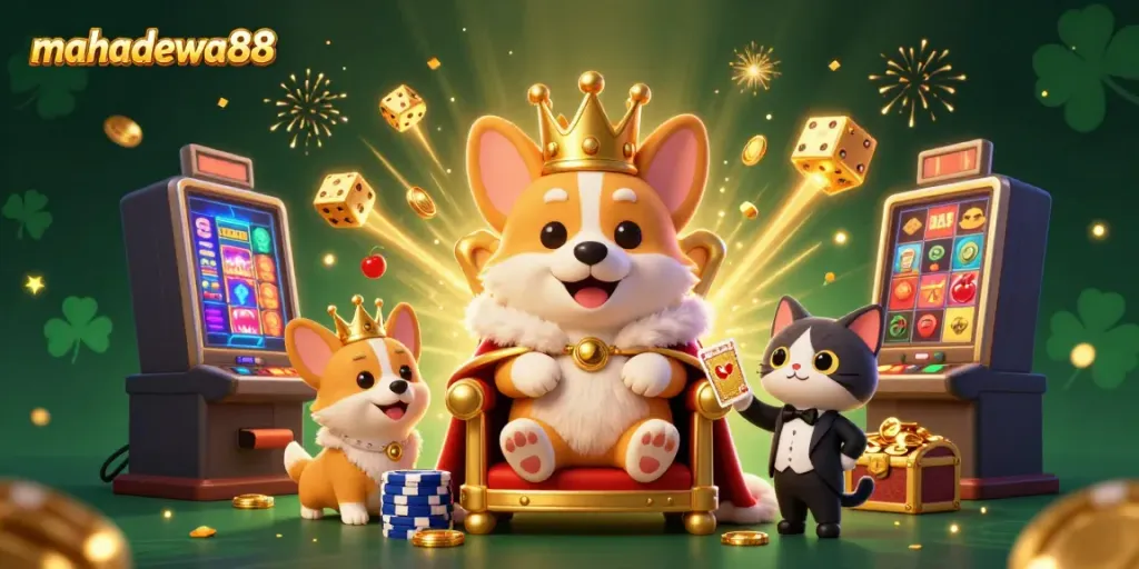 Engage in thrilling slots with mahadewa88 amid a vibrant explosion of casino features and iconic characters.