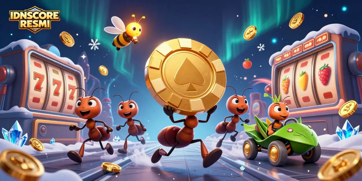 Experience thrilling gaming at IDNSCORE RESMI with a dynamic heist scene featuring ants and casino elements.