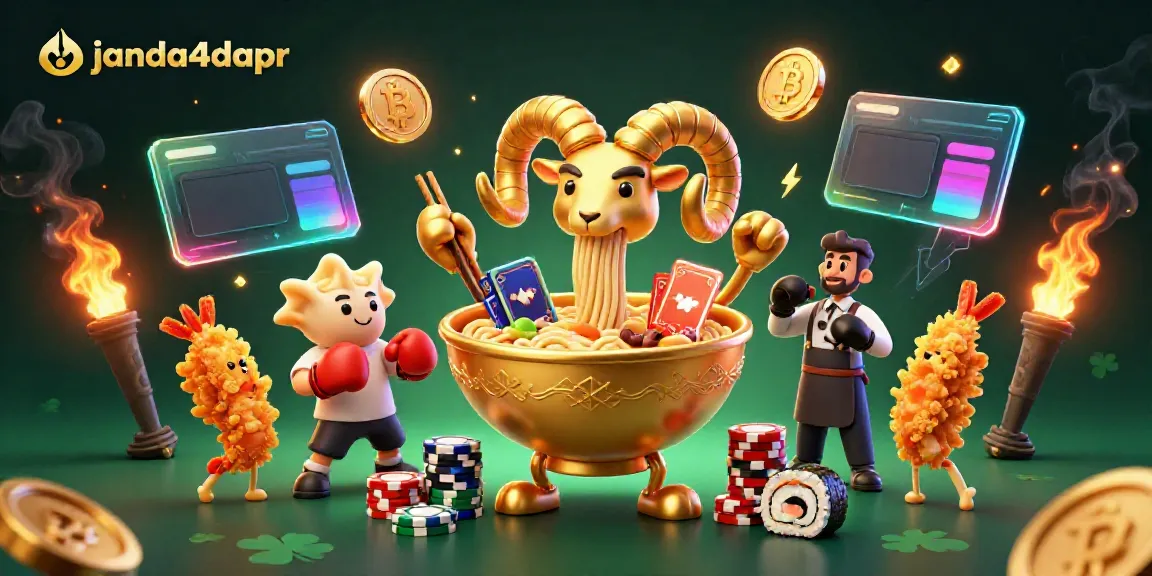 Gambar menarik janda4dapr dengan karakter ramen emas, gyoza, dan elemen permainan digital.