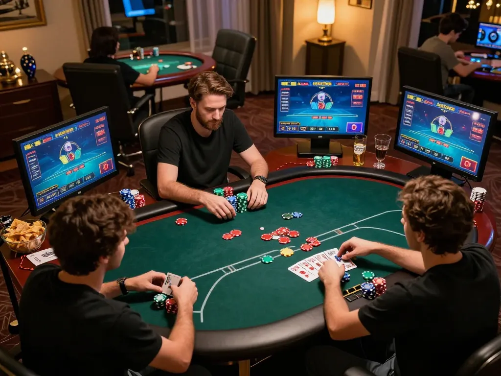 Sunwin online poker action during a friendly home tournament, players engaged with vibrant graphics and strategies.