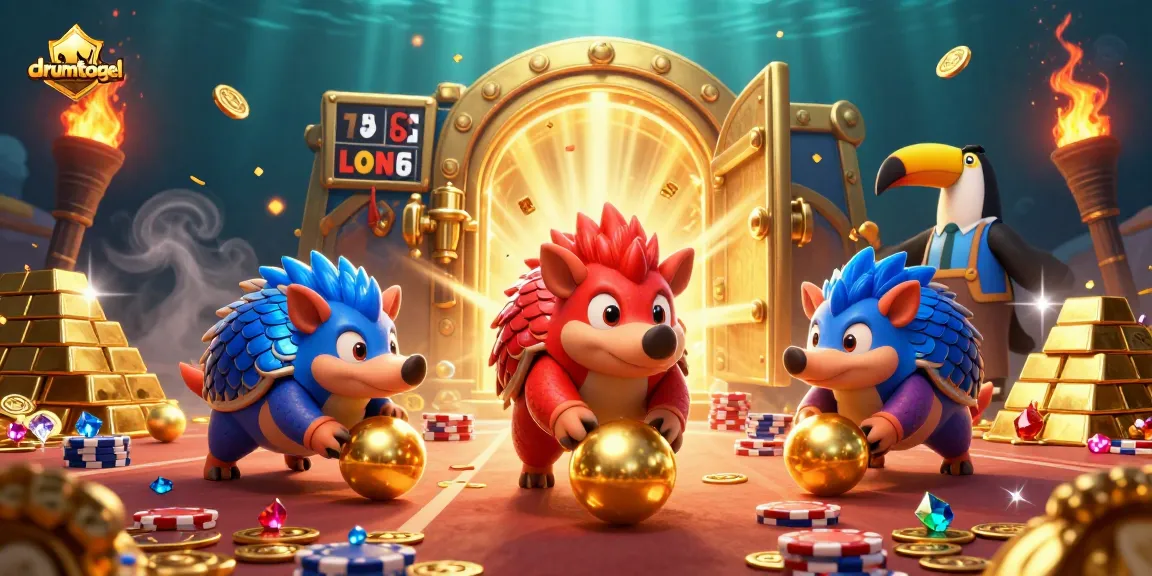 Gim Togel menarik yang menampilkan drumtogel, pangolin bertanding dengan harta emas dan koin.