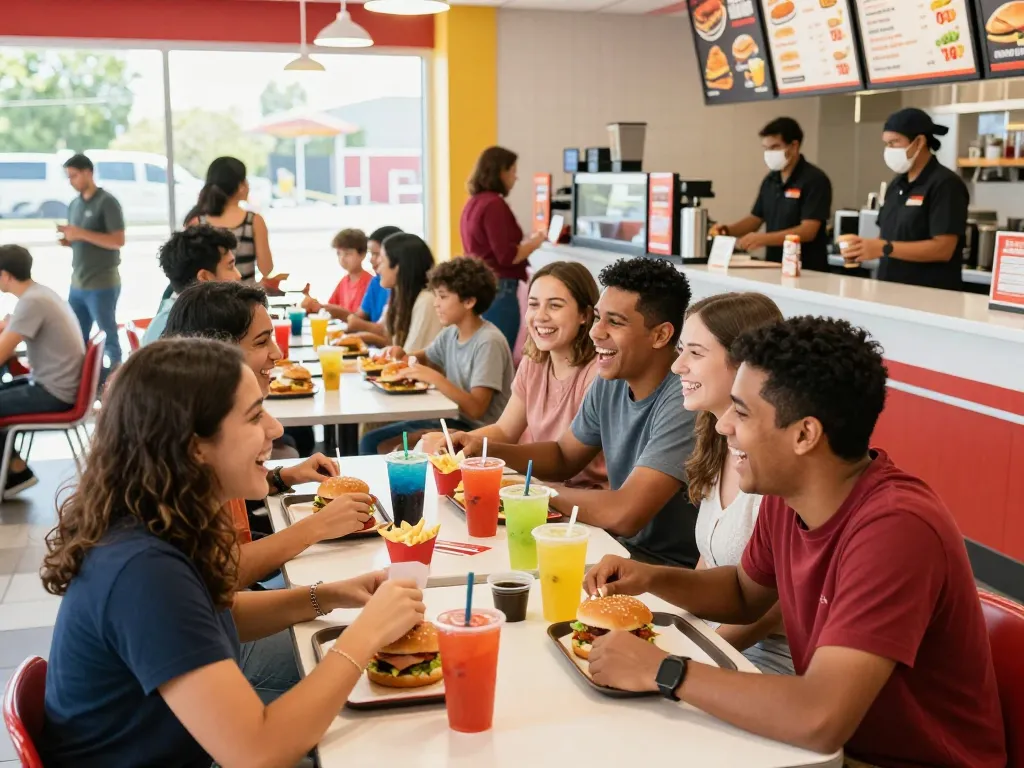 Friends enjoying fast food prices at a lively restaurant during lunchtime.