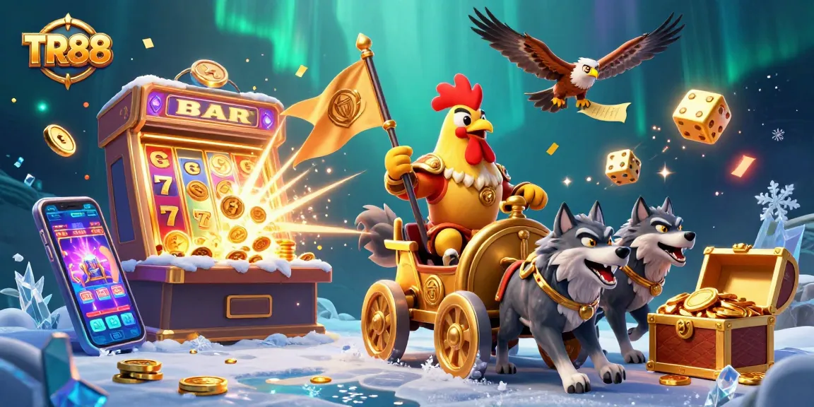 Experience winning moments at TR88 with a cartoon rooster warlord amidst dynamic slot machine action and vibrant casino atmosphere.