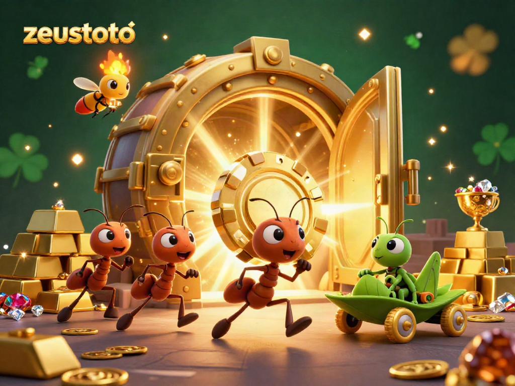 Catch exciting zeustoto action in a vibrant heist scene featuring ants and treasure.