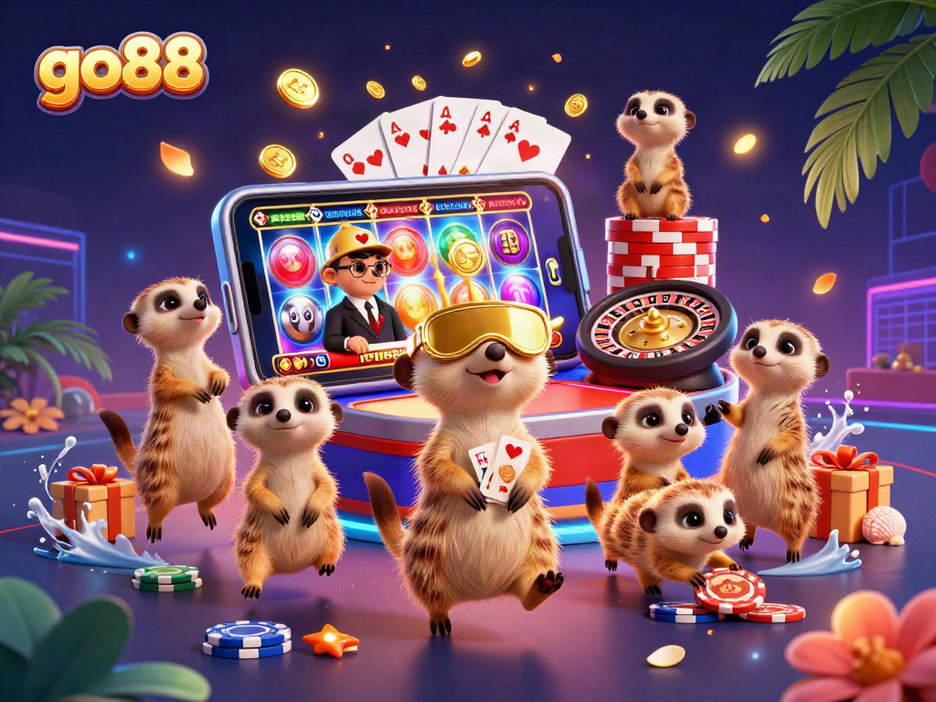 Experience excitement with go88's casino meerkats engaging in a vibrant gaming operation.