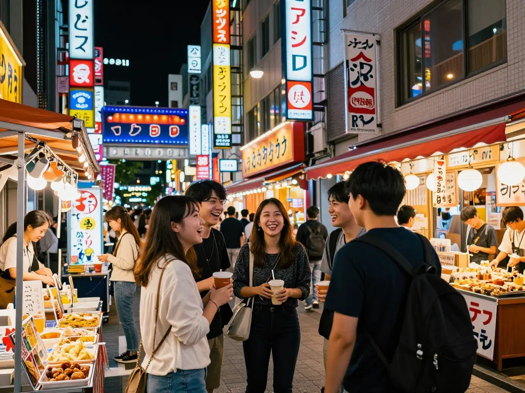 ネオンの光と訪問客が推奨されるソープ店を探索するナカスのソープランドシーン