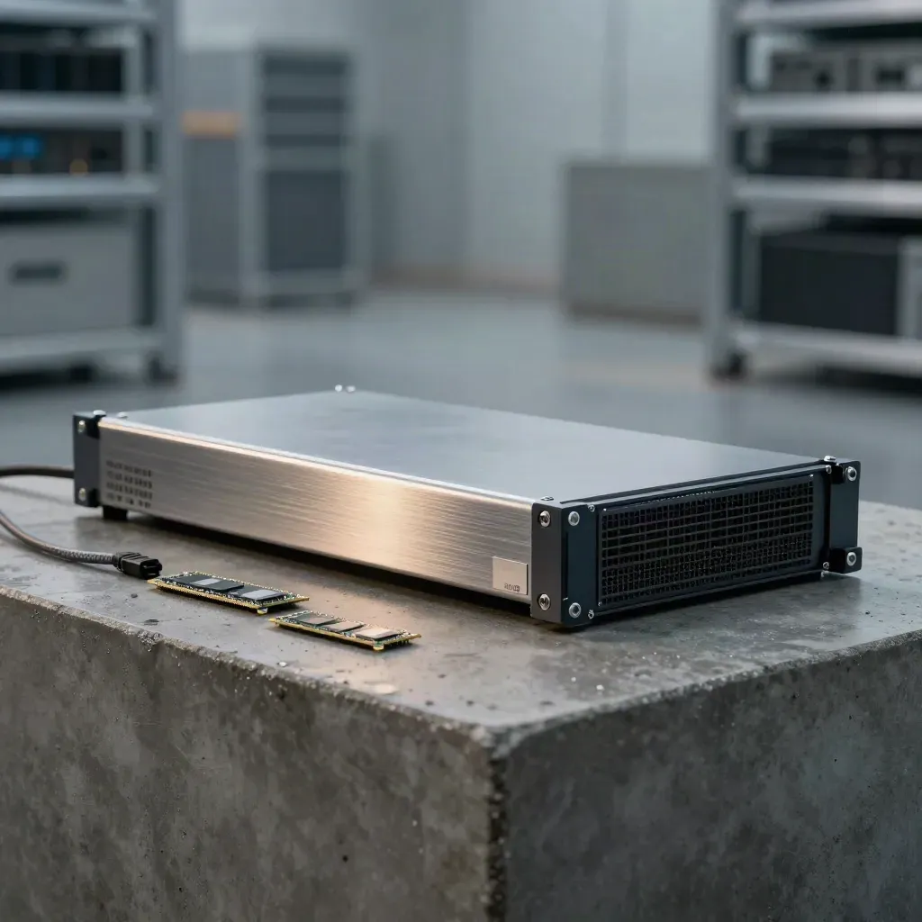 Server chassis with pulled drive tray, SSD caddies, Ethernet cable and cooling fins on a concrete plinth.