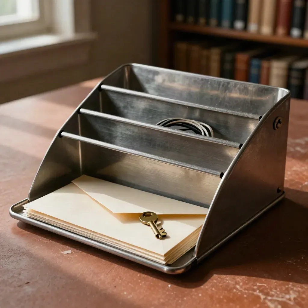 Mail trays, envelopes, patch cord and key on a dark terracotta surface in soft daylight.