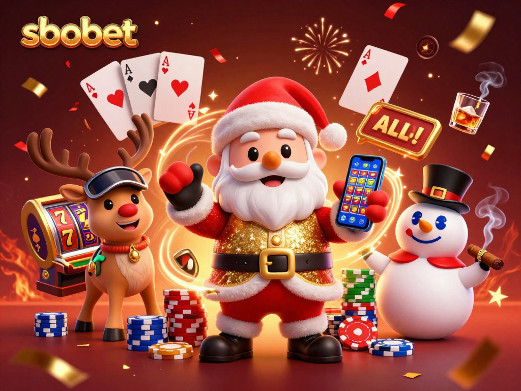 Experience sbobet's vibrant gaming scene with a festive Santa, reindeer dealer, and poker-themed snowman.