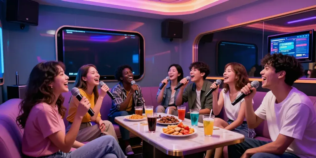 도파민 가라오케에서 즐거운 시간을 보내는 친구들